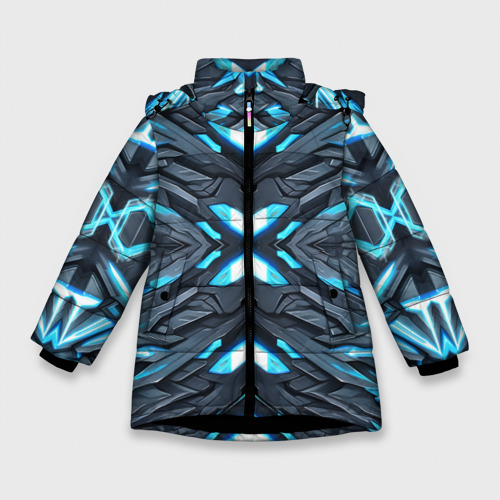 Зимняя куртка для девочек 3D Кибер неоновая броня синяя, цвет черный