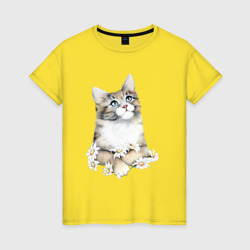 Женская футболка хлопок Котик с цветами