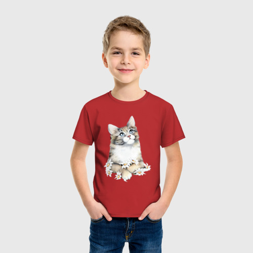 Детская футболка хлопок с принтом Котик с цветами, фото на моделе #1