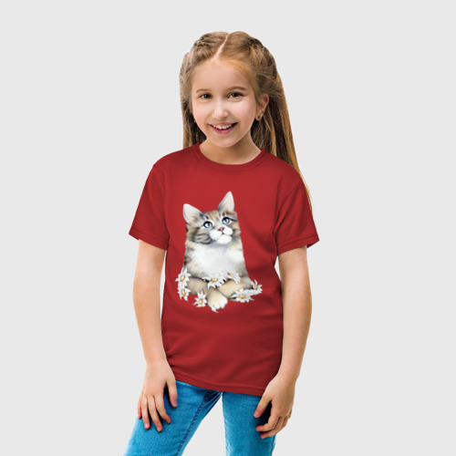 Детская футболка хлопок с принтом Котик с цветами, вид сбоку #3