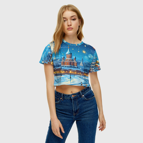 Женская футболка Crop-top 3D Новогодняя Москва, цвет 3D печать - фото 3