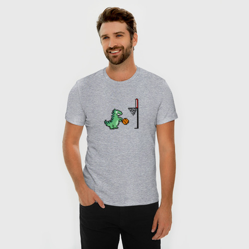 Мужская футболка хлопок Slim Пиксельный динозавр баскетболист, цвет меланж - фото 3