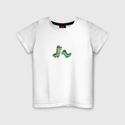 Детская футболка из хлопка с принтом Пиксельные динозавры Шерлок и Ватсон, вид спереди №1