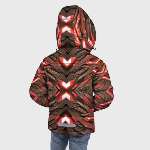 Зимняя куртка для мальчиков 3D с принтом Кибер неоновая броня красная, вид сзади #2