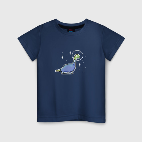 Детская футболка из хлопка с принтом Пиксельный динозавр космонавт в скафандре, вид спереди №1