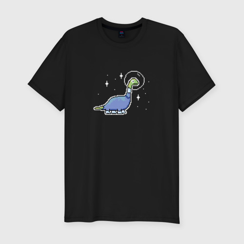 Мужская футболка хлопок Slim Пиксельный динозавр космонавт в скафандре, цвет черный