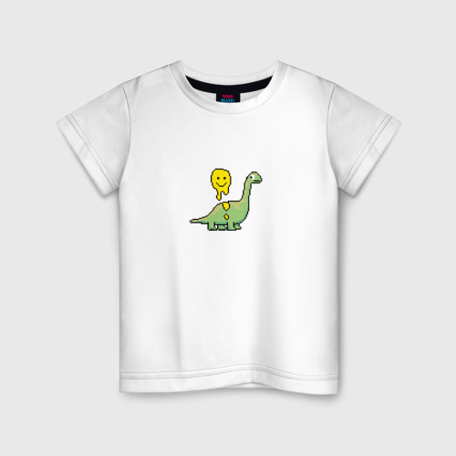 Детская футболка из хлопка с принтом Пиксельный брахиозавр и стекающий смайлик, вид спереди №1