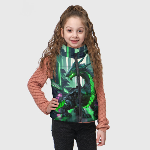 Детский жилет утепленный 3D с принтом Неоновый зеленый дракон, фото на моделе #1
