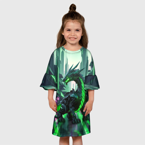 Детское платье 3D с принтом Неоновый зеленый дракон, вид сбоку #3