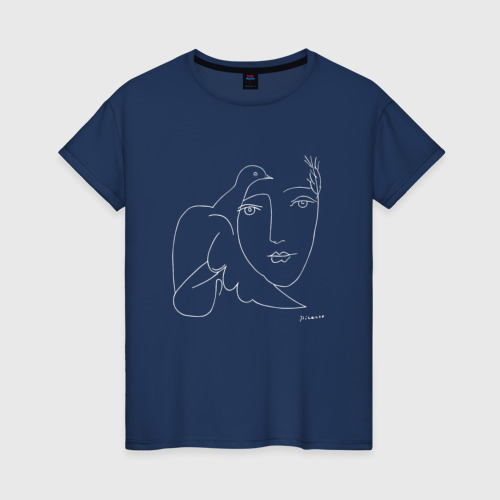 Женская футболка из хлопка с принтом Пикассо голубка набросок одной линией, вид спереди №1