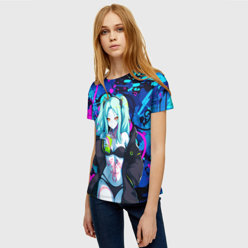Женская футболка 3D с принтом Ребекка и граффити - киберпанк, фото на моделе #1