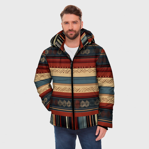 Мужская зимняя куртка 3D с принтом Этнический принт в полоску, фото на моделе #1