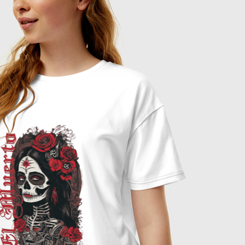 Женская футболка хлопок Oversize Девушка в гриме муэрто  и розы, цвет белый - фото 3