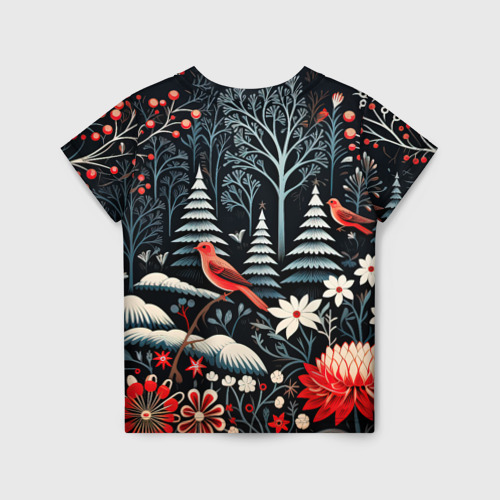 Детская футболка 3D с принтом Новогодний лес и птицы, вид сзади #1