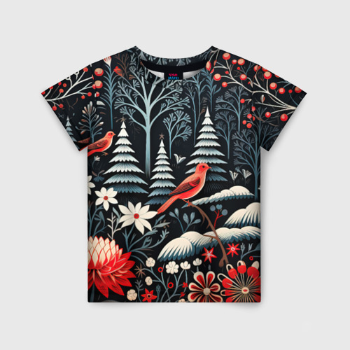 Детская футболка 3D с принтом Новогодний лес и птицы, вид спереди #2