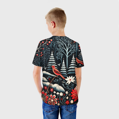 Детская футболка 3D с принтом Новогодний лес и птицы, вид сзади #2