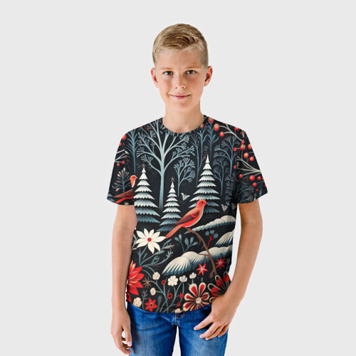 Детская футболка 3D с принтом Новогодний лес и птицы, фото на моделе #1