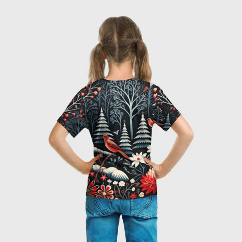 Детская футболка 3D с принтом Новогодний лес и птицы, вид сзади #2