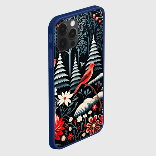 Чехол для iPhone 12 Pro с принтом Новогодний лес и птицы, вид сбоку #3