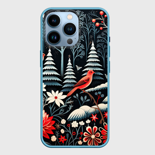 Чехол для iPhone 14 Pro с принтом Новогодний лес и птицы, вид спереди #2