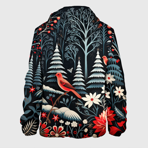 Мужская куртка 3D с принтом Новогодний лес и птицы, вид сзади #1