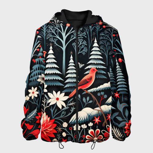 Мужская куртка 3D с принтом Новогодний лес и птицы, вид спереди #2