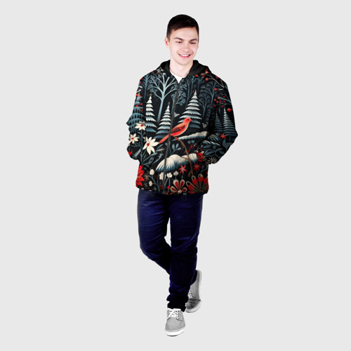 Мужская куртка 3D с принтом Новогодний лес и птицы, фото на моделе #1