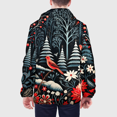 Мужская куртка 3D с принтом Новогодний лес и птицы, вид сзади #2