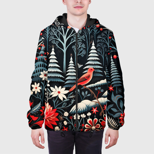 Мужская куртка 3D с принтом Новогодний лес и птицы, вид сбоку #3