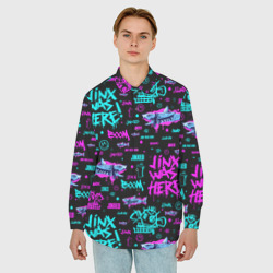 Мужская рубашка oversize 3D Jinx Arcane pattern neon - фото 2