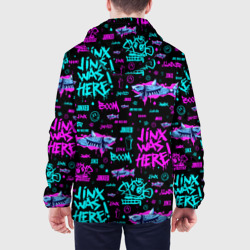 Куртка с принтом Jinx Arcane pattern neon для мужчины, вид на модели сзади №2. Цвет основы: белый