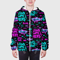 Куртка с принтом Jinx Arcane pattern neon для мужчины, вид на модели спереди №3. Цвет основы: белый
