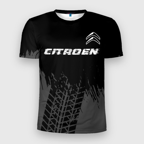 Мужская футболка 3D Slim Citroen speed на темном фоне со следами шин посередине, цвет 3D печать