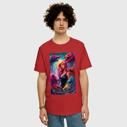 Мужская футболка хлопок Oversize Ведьма среди оборотней - нейросеть, цвет красный - фото 3