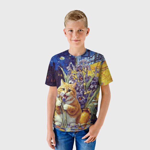 Детская футболка 3D Толстый рыжий кот Ван Гога, цвет 3D печать - фото 3