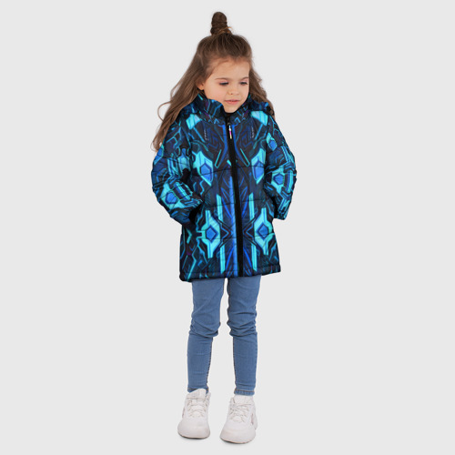 Зимняя куртка для девочек 3D Киберпанк неоновая броня синяя, цвет черный - фото 5
