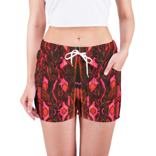 Женские шорты 3D с принтом Киберпанк неоновая броня красная, фото на моделе #1