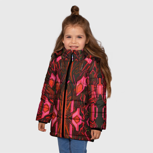 Зимняя куртка для девочек 3D Киберпанк неоновая броня красная, цвет черный - фото 3