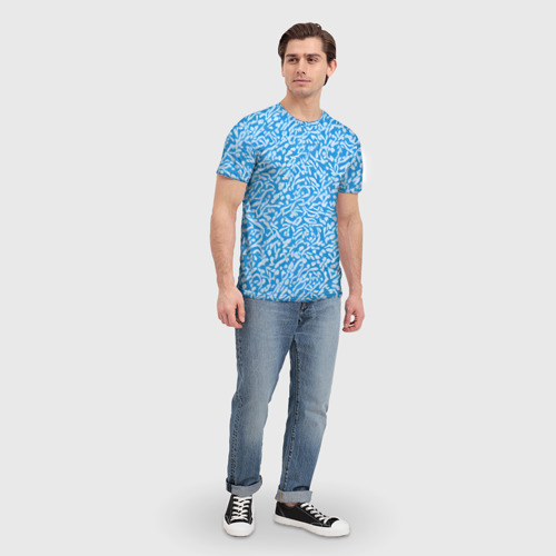 Мужская футболка 3D с принтом Белые узоры на синем фоне, вид сбоку #3