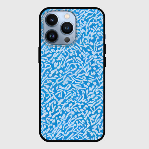 Чехол для iPhone 13 Pro Белые узоры на синем фоне, цвет черный