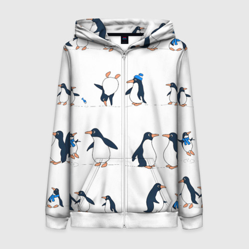 Женская толстовка 3D на молнии Семейство пингвинов на прогулке , цвет белый