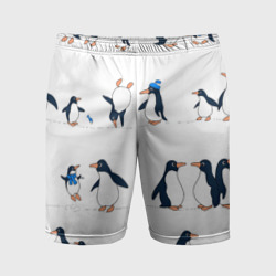 Мужские шорты спортивные Семейство пингвинов на прогулке 