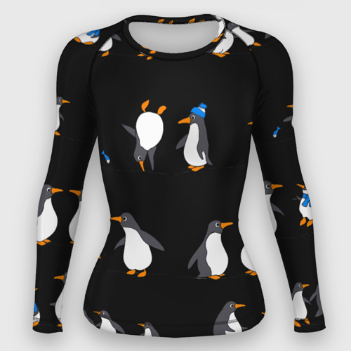 Женский рашгард 3D с принтом Веселая семья пингвинов, вид спереди #2