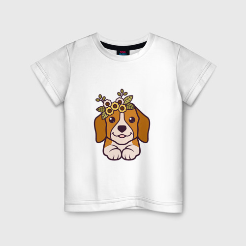Детская футболка из хлопка с принтом Бигль щенок с цветами милый, вид спереди №1