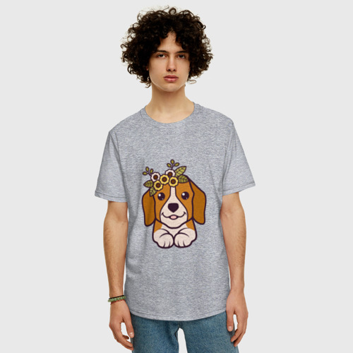 Мужская футболка хлопок Oversize Бигль щенок с цветами милый, цвет меланж - фото 3