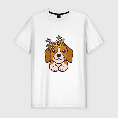Мужская футболка хлопок Slim с принтом Бигль щенок с цветами милый, вид спереди #2