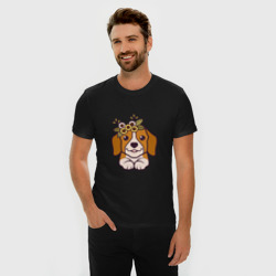 Мужская футболка хлопок Slim Бигль щенок с цветами милый - фото 2