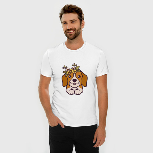Мужская футболка хлопок Slim с принтом Бигль щенок с цветами милый, фото на моделе #1