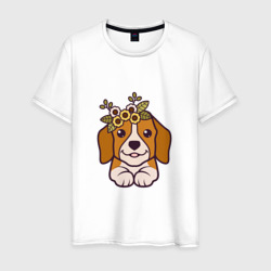 Мужская футболка хлопок Бигль щенок с цветами милый