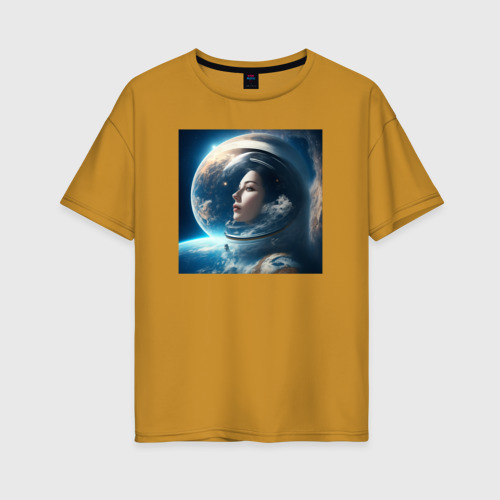 Женская футболка хлопок Oversize Космическая девушка в космосе, цвет горчичный